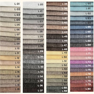 May include: A fabric swatch color chart featuring eighty rectangular samples arranged in four vertical columns. Each swatch displays a unique solid color or textured weave, labeled with alphanumeric codes ranging from L-01 to L-80 in white text.