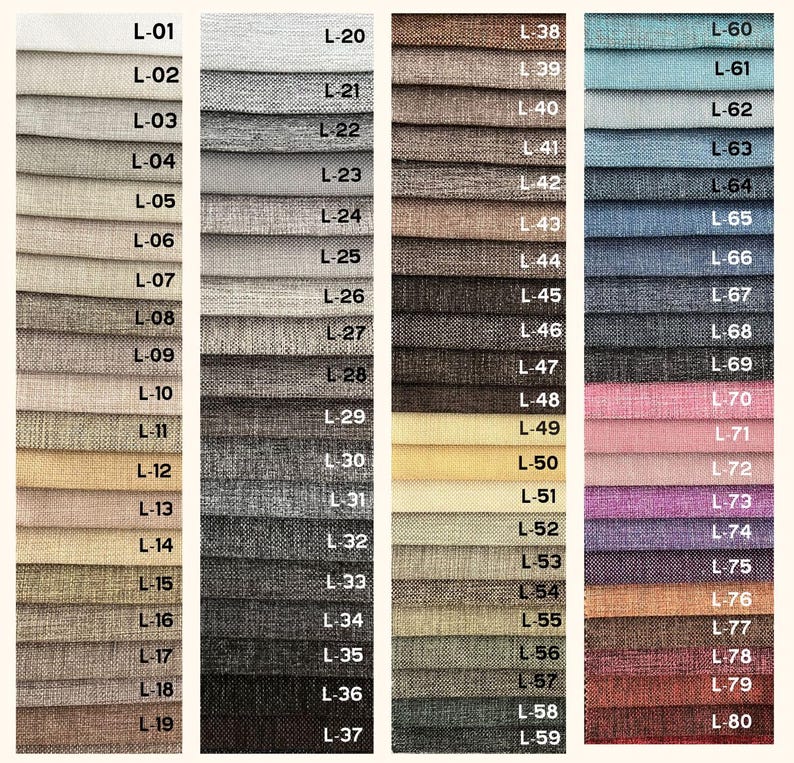 May include: A fabric swatch color chart featuring eighty rectangular samples arranged in four vertical columns. Each swatch displays a unique solid color or textured weave, labeled with alphanumeric codes ranging from L-01 to L-80 in white text.