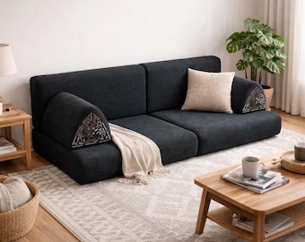 Minimalist Black Linen Floor Sofa: Modern Living Room Cushion, Washable Covers, Japanese Livingroom Couch, Gaming Couch, Floor Seat Pillow