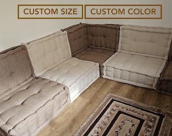 Moroccan Floor Cushion Sofa Set: Cream & Beige Corner Seating, Floor Sofa
