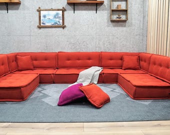 Sofá marroquí en forma de U: cojín bohemio de chenilla naranja