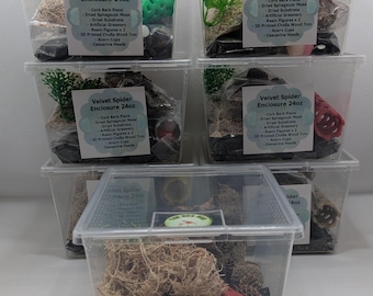 Velvet spider full setup kit 24oz. Substrate, moss, cork bark, cholla wood, greenery, casuarina heads, figures