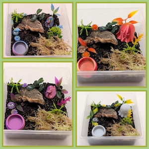 Tarantula sling spider full setup kit 7oz. Substrate, moss, cork bark, greenery, water bowl, 3d printed figure