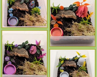 Tarantula sling spider full setup kit 7oz. Substrate, moss, cork bark, greenery, water bowl, 3d printed figure
