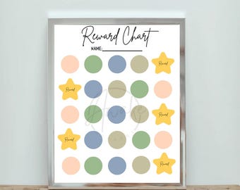 May include: A printable reward chart with a white background and a black title "Reward Chart". The chart has a space for a name and 20 circles in a grid pattern. The circles are in four colors: peach, green, blue, and beige. There are five yellow stars with the word "Reward" written on them.