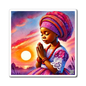 May include: A young girl with dark skin is wearing a colorful head wrap and a patterned dress. She is praying with her hands clasped together. The background is a watercolor painting of a sunset.