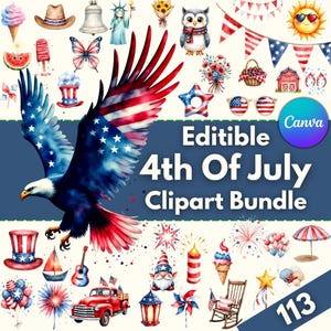113 cliparts aquarelles modifiables du 4 juillet | PNG d'été patriotique | Stickers fête de l'indépendance, sublimation, téléchargement numérique
