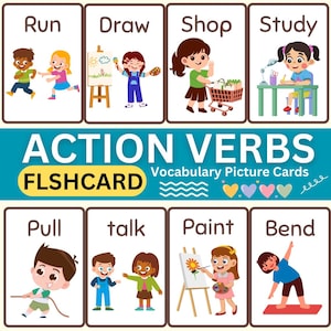 64 tarjetas didácticas imprimibles con verbos de acción, vocabulario en inglés como segundo idioma, terapia del habla, juego de tarjetas con imágenes de dibujos animados para niños con autismo, preescolar, 1.º, 2.º y 3.º grado, que estudian en casa