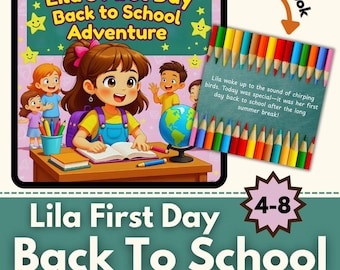 Könnte beinhalten: Ein Kinderbuchcover mit dem Titel "Lilas erster Schultag Abenteuer". Die Illustration zeigt ein Mädchen an einem Schreibtisch mit einem Globus und Bleistiften, umgeben von anderen Kindern. Der Text auf dem Cover enthält "4-8" und einen Auszug aus der Geschichte.