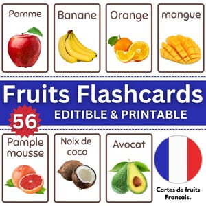 France FlashCard : 56 cartes FlashCard éducatives Montessori Fruits imprimables et modifiables pour enfants, tout-petits, nomenclature de l'école à la maison et du préscolaire