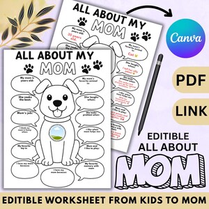 Mother&#39;s Day PRINTABLE Coloring Page - Dog All About My Mom - INSTANT DOWNLOAD - Fill in the Blank Coloring Page for Mom - Kids Gift for Mom