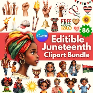 86 Juneteenth clipartbundel – Black History Month PNG's – bewerkbare Canva Art – Freedom Quotes, kinderen, Afro Pride – digitale download