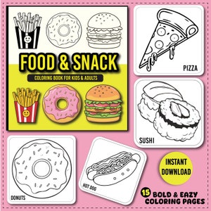 Bold And Easy 18 Printable Food & Snack Coloring Pages For Kids And Adults, for Relaxation And Stress Relief,  Instant Download PDF