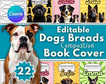 Dog Breeds Composition Notebook Covers: 22 Editable Canva Templates (Digital Download)