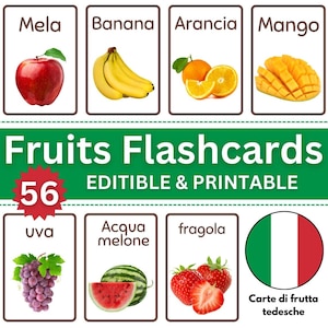 Italie FlashCard : 56 cartes éducatives Montessori Fruits imprimables et modifiables pour enfants, tout-petits, nomenclature d'école à la maison et d'âge préscolaire