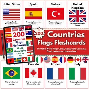 May include: A set of flashcards featuring country flags, including the United States, Spain, Turkey, and the United Kingdom. The flashcards are designed for world geography learning and include the text "200 Countries Flags Flashcards".