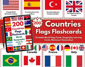 Tarjetas didácticas con las banderas de 200 países, tarjetas de aprendizaje de geografía mundial (PDF)