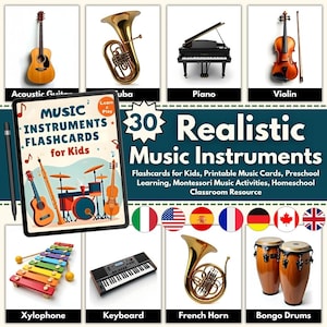 May include: A collection of musical instruments, including an acoustic guitar, tuba, piano, and violin. The image also features a tablet with the text "Music Instruments Flashcards for Kids" and a xylophone, keyboard, French horn, and bongo drums. The text "30 Realistic Music Instruments" is also present.