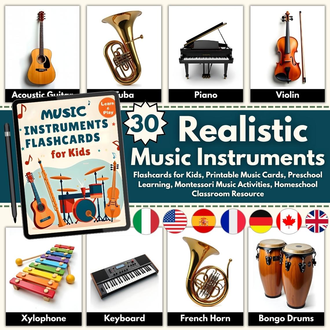 30 Realistic Music Instruments Flashcards for Kids, Multilingual Learning (PDF)