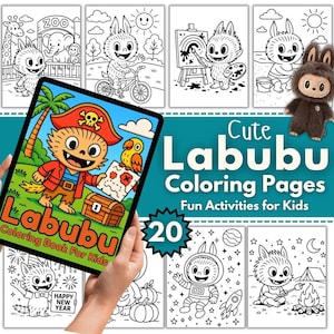 Puede incluir: Un conjunto de 20 p&aacute;ginas para colorear de Labubu para ni&ntilde;os, con varias escenas con el personaje de Labubu. La portada del libro para colorear, sostenida en una mano, muestra un Labubu pirata. Las p&aacute;ginas en blanco y negro incluyen el texto "Cute Labubu Coloring Pages".