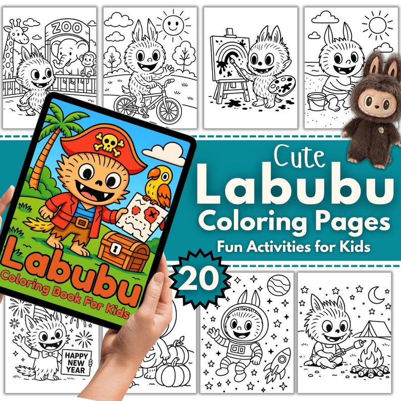 Puede incluir: Un conjunto de 20 p&aacute;ginas para colorear de Labubu para ni&ntilde;os, con varias escenas con el personaje de Labubu. La portada del libro para colorear, sostenida en una mano, muestra un Labubu pirata. Las p&aacute;ginas en blanco y negro incluyen el texto "Cute Labubu Coloring Pages".
