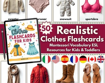 Tarjetas didácticas de ropa: Aprendizaje de vocabulario Montessori ESL (Descarga digital)