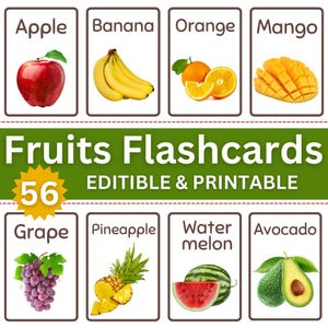 Cartes de nomenclature éducatives Montessori de 56 fruits (vraies images) imprimables et modifiables pour enfants, tout-petits, école à la maison, préscolaire