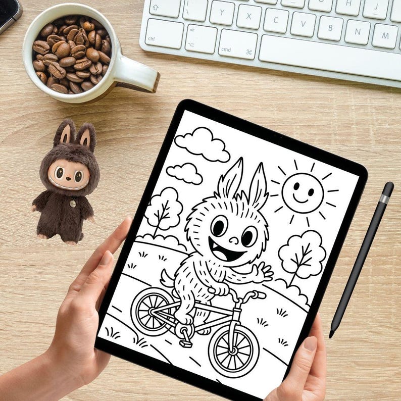 Puede incluir: Ilustraci&oacute;n digital en blanco y negro de un conejo de dibujos animados montando en bicicleta en una tableta. La imagen incluye un sol sonriente y &aacute;rboles. Tambi&eacute;n se ve un l&aacute;piz &oacute;ptico y un juguete de peluche.