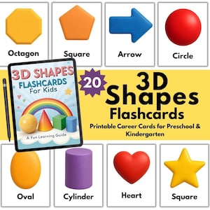 3D Shapes Flashcards voor kinderen – Afdrukbare educatieve kaarten | Leuk kleurrijk leren voor kleuters en kleuters | Hulpmiddel voor vroegschoolse educatie
