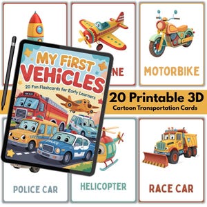 Meus primeiros flashcards de veículos – 20 cartões de transporte de desenho animado 3D para impressão para crianças pequenas, pré-escola e educação domiciliar em PDF