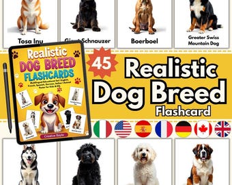 Dog Breed Flashcards: Multilingual Educational Set (PDF & PNG Downloadable Files)