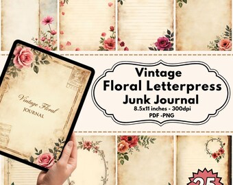 Vintage Floral Junk Journal Pages: Letterpress Style (Digital Download, PDF & PNG, 8.5x11 in