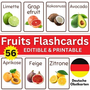 Cartes flash allemandes : 56 cartes flashcards éducatives Montessori Fruits imprimables et modifiables pour enfants, tout-petits, nomenclature de l'école à la maison et du préscolaire