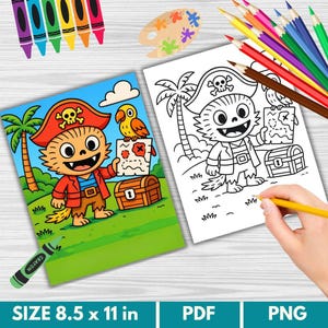 Puede incluir: Un libro para colorear infantil con tem&aacute;tica pirata. La portada presenta un personaje de pirata de dibujos animados sosteniendo un mapa del tesoro, con un loro y un cofre del tesoro. La p&aacute;gina para colorear muestra el mismo pirata. Tambi&eacute;n se ven crayones y l&aacute;pices de colores. El tama&ntilde;o es de 21,6 x 27,9 cm.