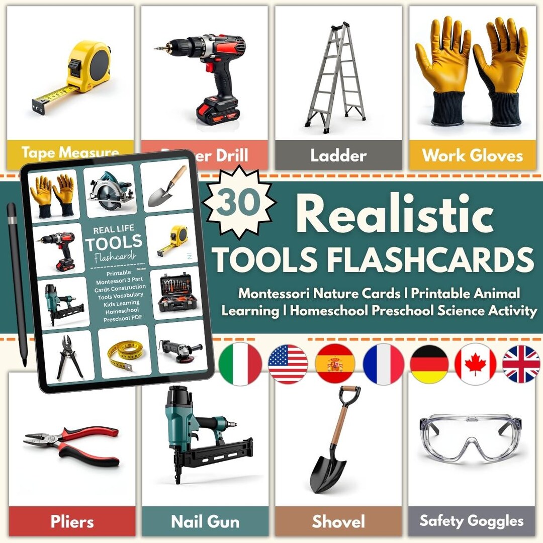 Realistic Tools Flashcards | Montessori Kids Learning (printable PDF ...
