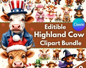Highland Cow Clipart Bundle: Funny Holiday PNG & PDF (Digital Download