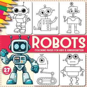 27 Printable Robots Coloring Pages For Kids & Kindergartens, Bold And Easy Robot Activity Coloring Sheets Gifts For Lovers, Instant Download