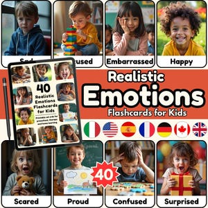 40 Realistic Emotions Flashcards for Kids – Feelings & SEL Activities – Printable Educational Cards for Preschool, Classroom, and Therapy