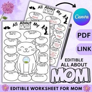 Mother&#39;s Day PRINTABLE Coloring Page - Cat All About My Mom - INSTANT DOWNLOAD - Fill in the Blank Coloring Page for Mom - Kids Gift for Mom