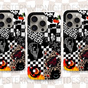 May include: A black and white phone case with a checkered pattern, leopard print, skulls, playing cards, and a flaming 8-ball. The case has a "Rock Hard" text graphic.