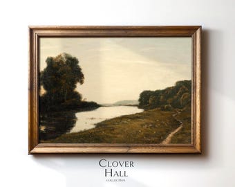 Vintage landscape painting, vintage oil painting, country landscape painting | vintage print | farmhouse style | river landscape painting