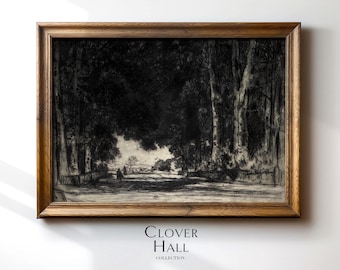 Trees Etching | Vintage landscape-printable-wallart | minimalistic vintage sketch | vintage-neutral-decor | vintage sketch wallart