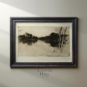 Grabado de paisaje vintage / paisaje otoñal vintage / paisaje otoñal / paisaje en blanco y negro / arte en blanco y negro / paisaje en tinta