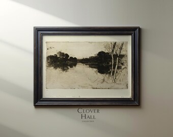 Vintage landscape etching | vintage fall landscape | autumn landscape | black and white landscape | black and white art | ink landscape