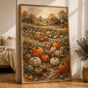 Kürbismotiv, Herbstliche Kunstdrucke, Rustikale Herbstwandbilder, Kürbislandschaft im Landhausstil, Digitaler Download