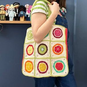 Crochet grocery bag pattern with fruit granny squares