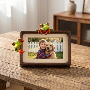 May include: A wooden photo frame featuring a picture of a boy and a dog, adorned with two green and red frog ornaments. The frame rests on a wooden table.