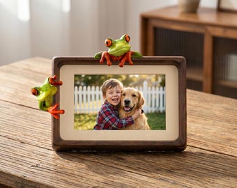Handmade Walnut Wood Picture Frame with 3D Tree Frogs | Whimsical Photo Frame | Frog Lover Gift | Solid Wooden Desk Decor