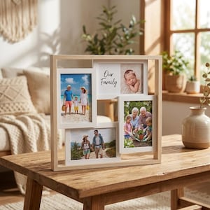 May include: A light wood multi-photo picture frame. It features five photo slots of different sizes, showcasing family photos and a newborn. The frame includes the text "Our Family" in the center.