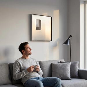 May include: A contemporary living room with a framed picture on the wall. The artwork has a silver frame and a rectangular image. A black lamp stands beside a grey sofa with grey cushions. A person is sitting on the sofa.